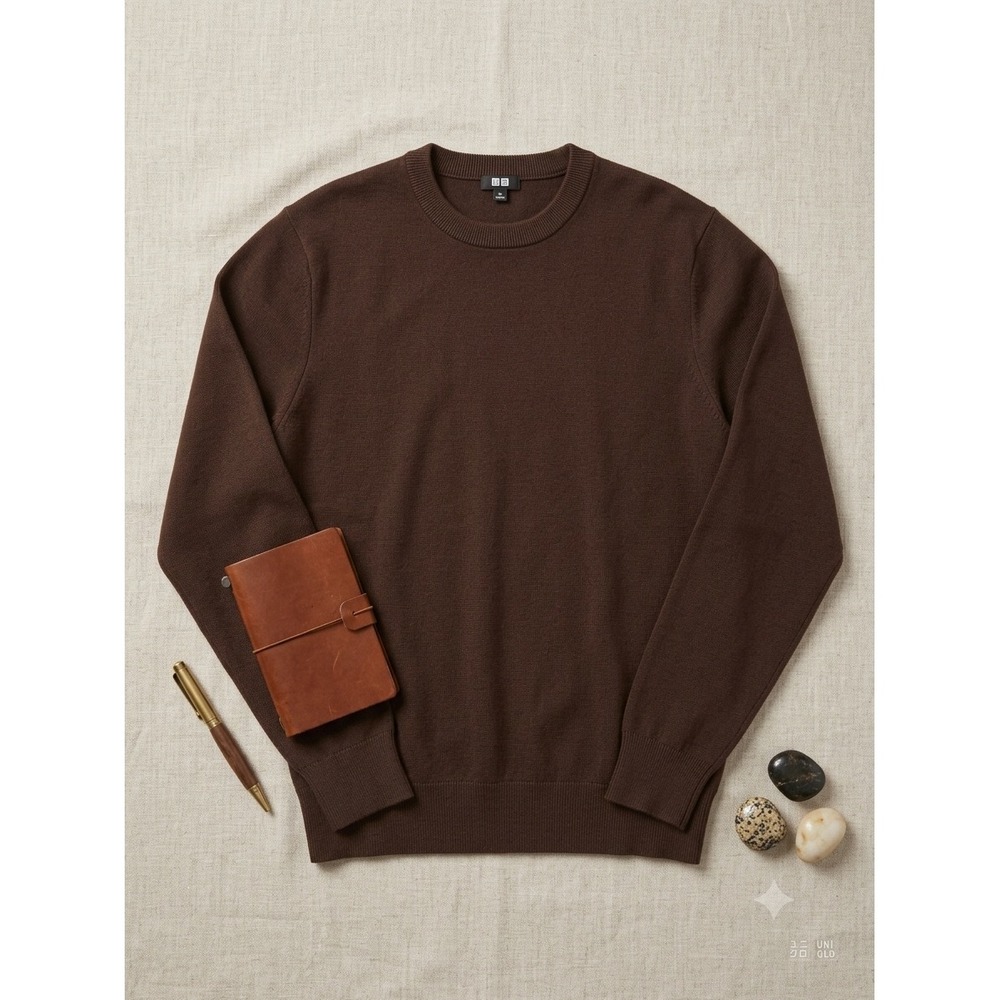 Uniqlo Mens Extra Fine Merino Wool Crew Neck Sweater Brown XL